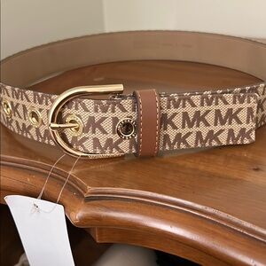 Michael Kors Brown and Gold Logo Belt with Leather Trim